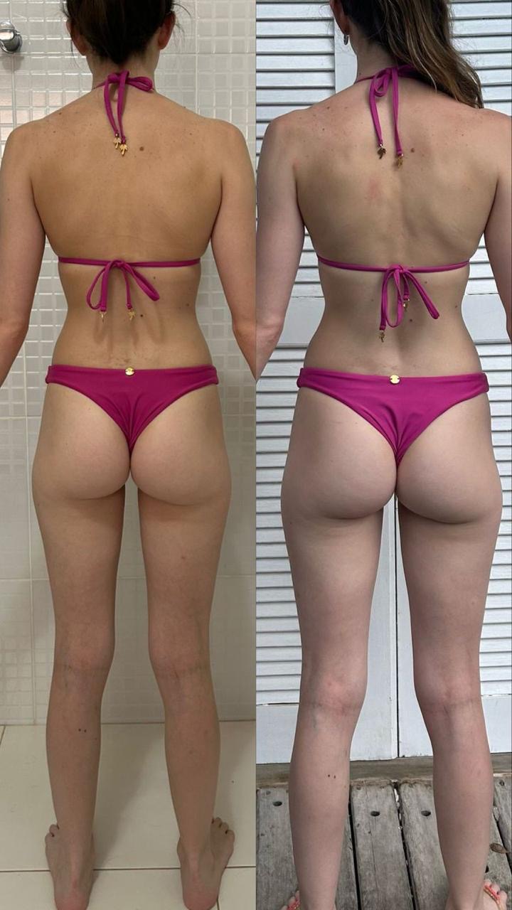 Aluna do Combustível Diário de costas, de biquíni pink: à esquerda o registro anterior, à direita o atual, com mais volume em glúteo e coxa e a cintura no mesmo lugar.